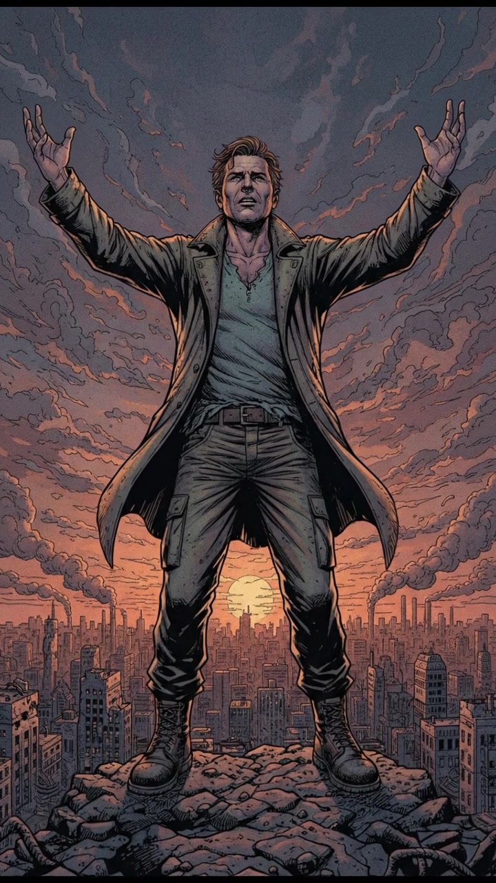 Mark standing on a hilltop, overlooking a city skyline at sunset, hands raised to the sky.