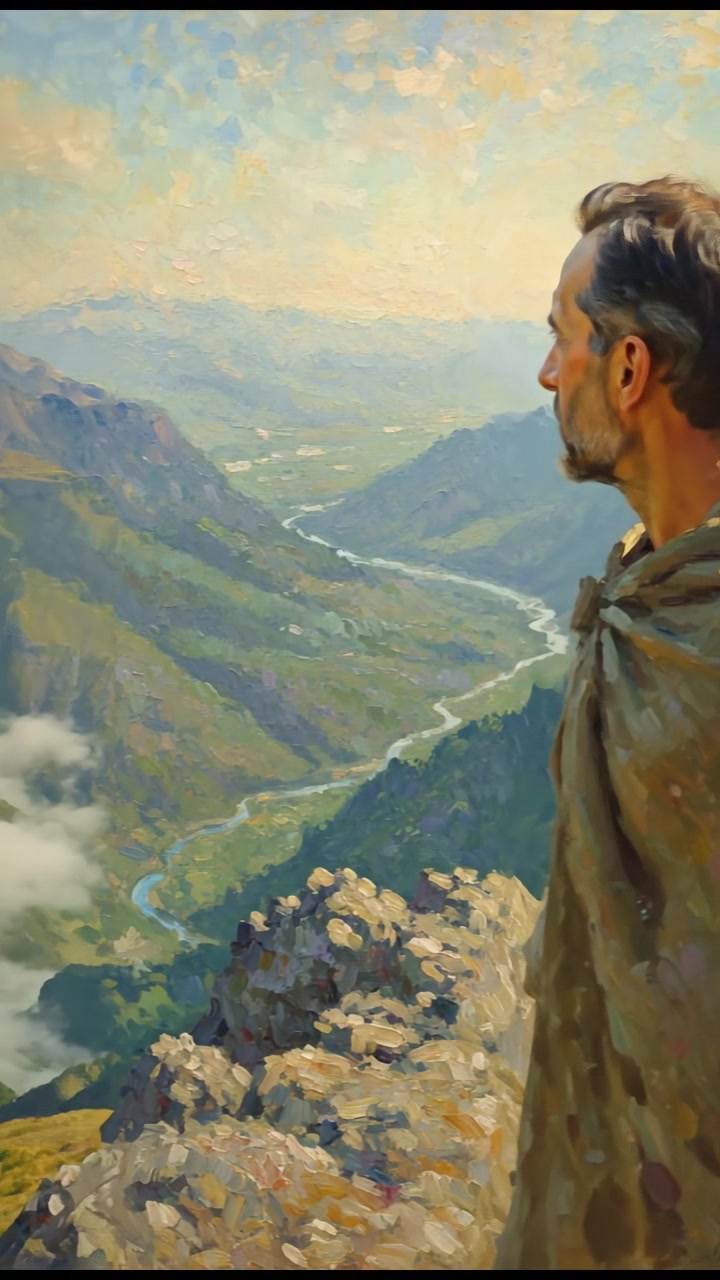 A close-up of the Omar standing on a rocky mountain cliff, looking out over expansive valleys.