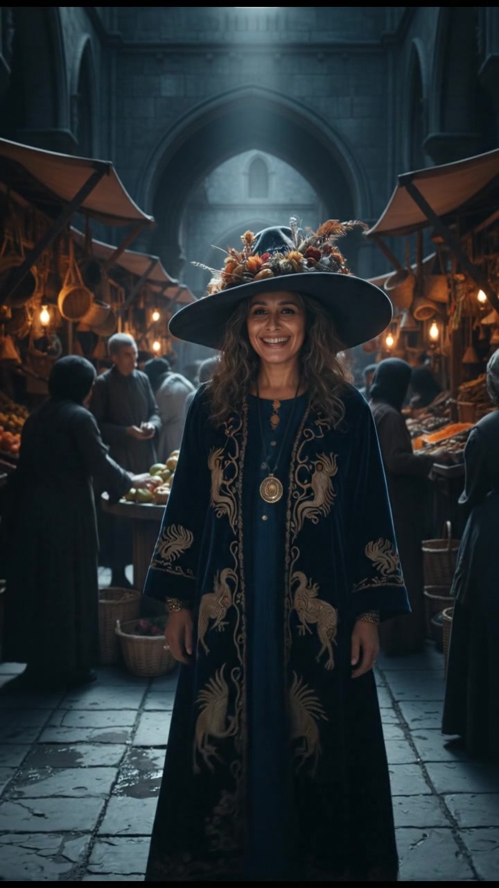 A bustling marketplace filled with colorful stalls and people interacting, with a unique face subtly standing out in the crowd.