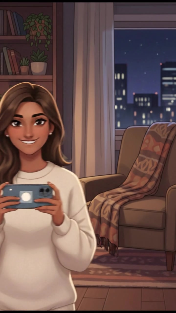 The Priya holding a smartphone, looking at the camera with a friendly smile, a cozy room visible behind her.
