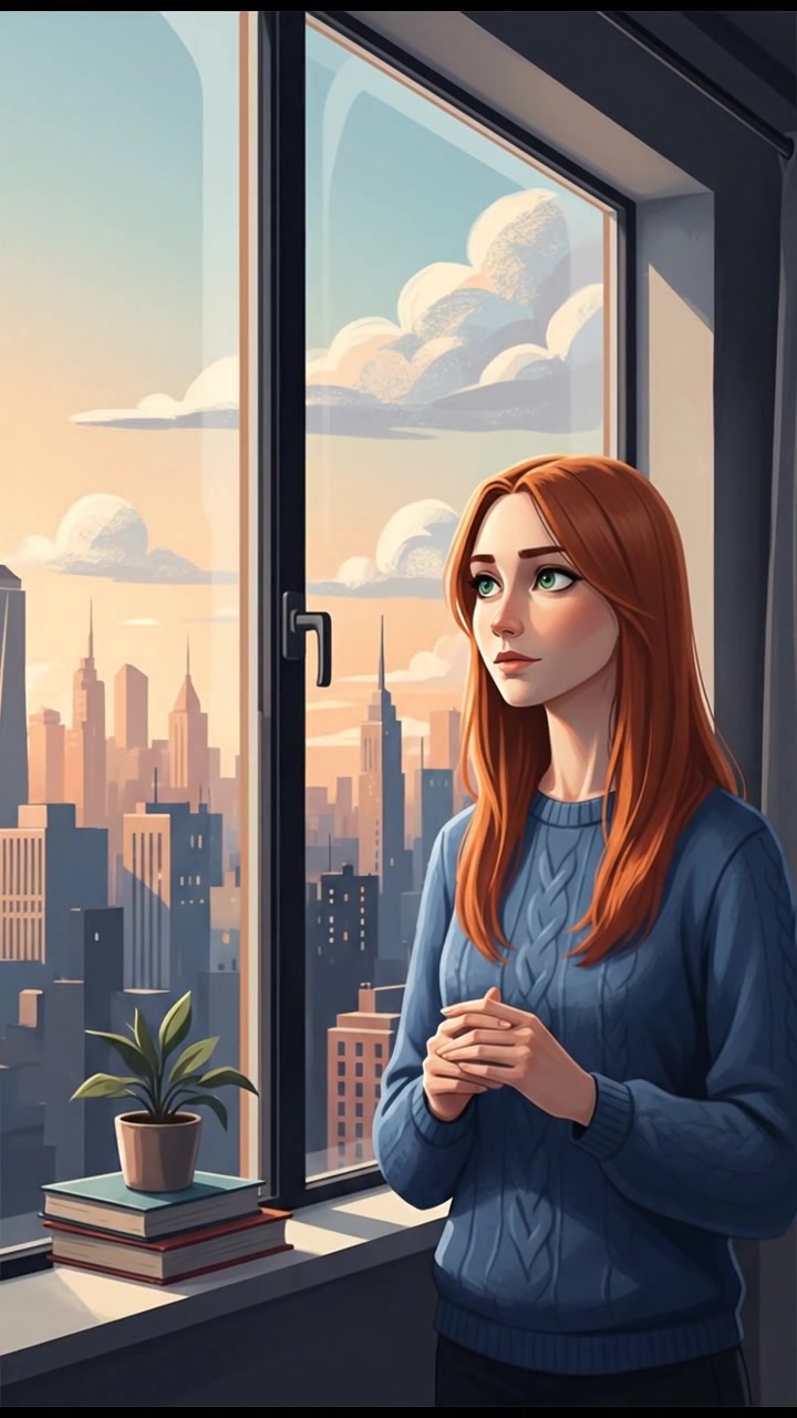 A medium shot of Emma looking out a window, with a cityscape in the background, appearing contemplative.