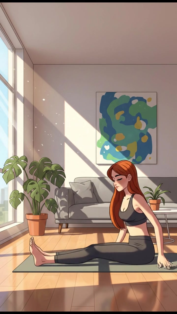 Emma is exercising in a sunlit living room, doing yoga stretches on a mat.
