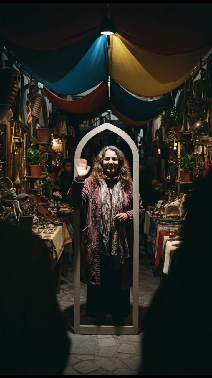 A bustling market scene filled with colorful stalls and shoppers. A unique face stands out, smiling and waving. Bright sunlight illuminates the lively atmosphere.