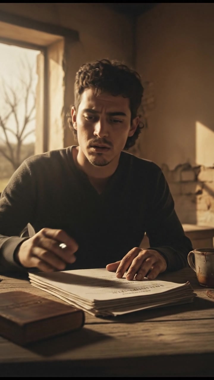 A focused view of the Mateo signing a document at a table, looking apprehensive.