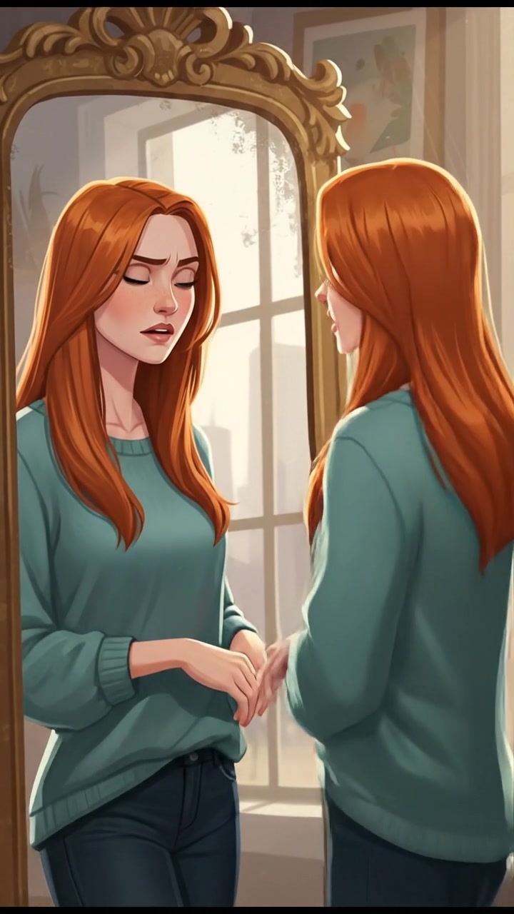 Emma standing in front of a mirror, looking at her reflection with a thoughtful expression.
