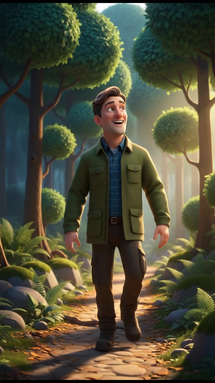 The Mark walks along a forest path, grinning widely, with sunlight filtering through the trees.