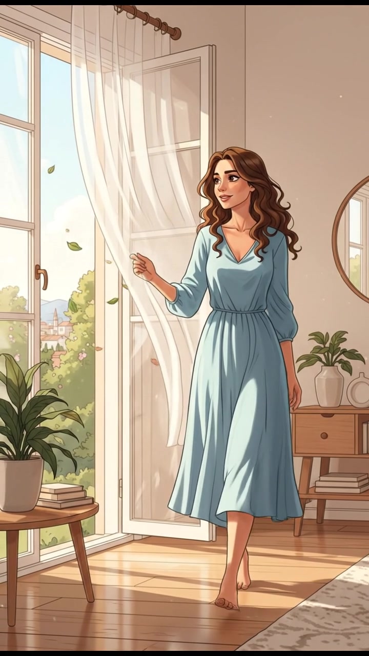 The Maya standing in a sunlit room with a window open, a light breeze flowing through.