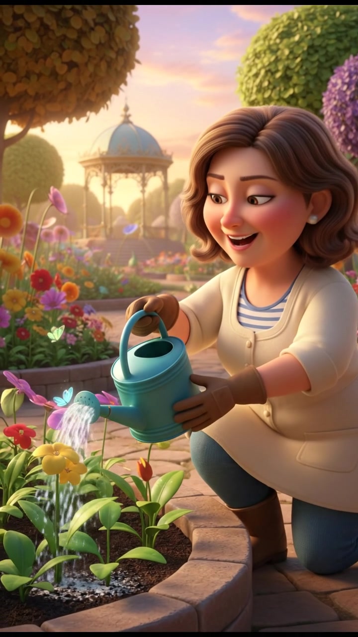 Susan kneeling beside a flowerbed in the park, carefully watering young plants.