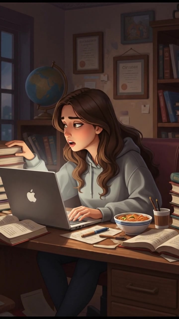 The Maya is seated at a desk cluttered with papers and books, looking exhausted as she scrolls on a laptop.