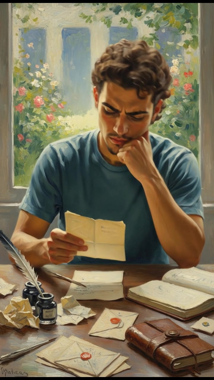 Mateo sitting at a table, holding a letter with a thoughtful expression, surrounded by writing materials.