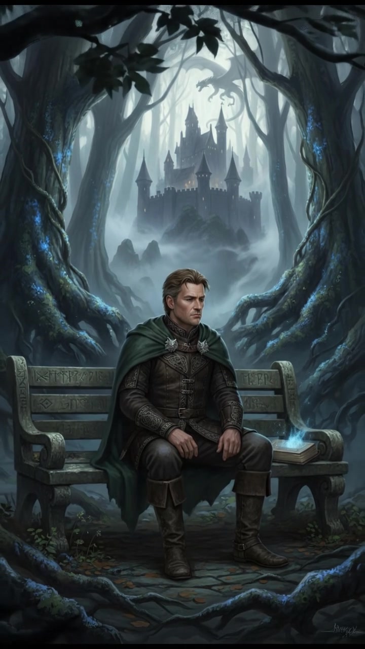 Mark sitting alone on a park bench, looking thoughtfully at the ground surrounded by trees.