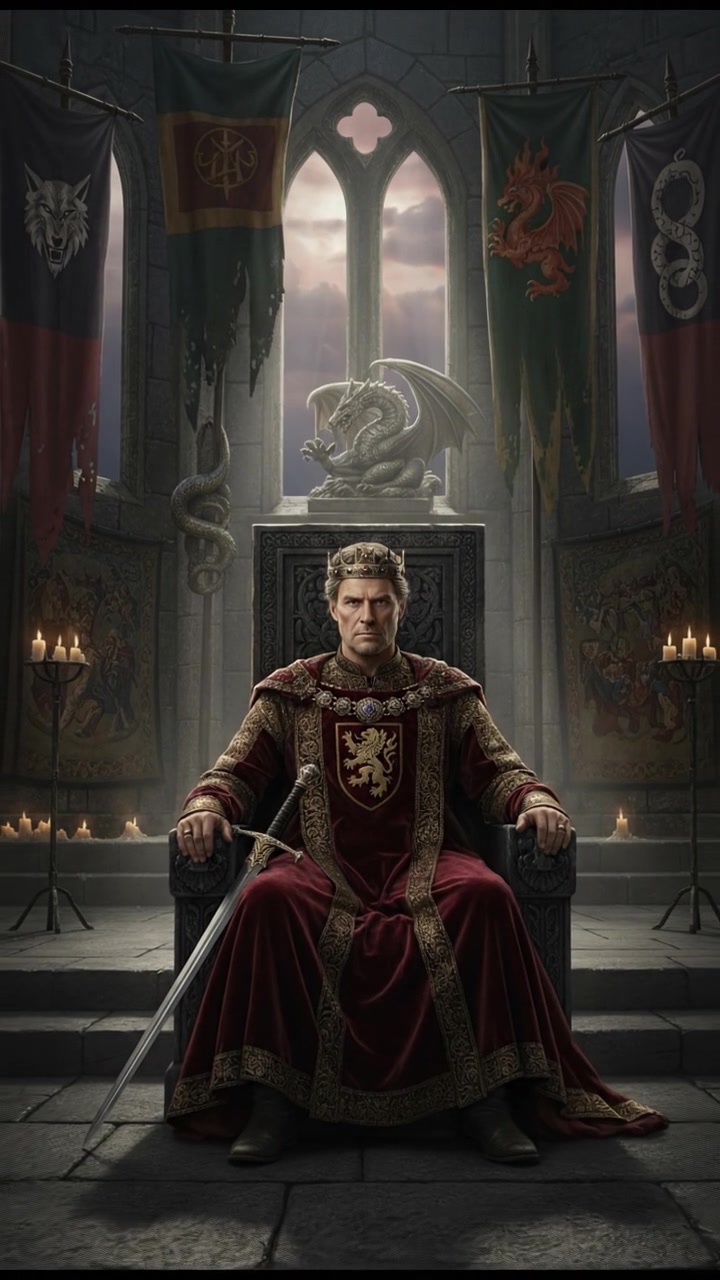 Mark in a throne room, wearing royal robes and a determined expression, surrounded by banners.