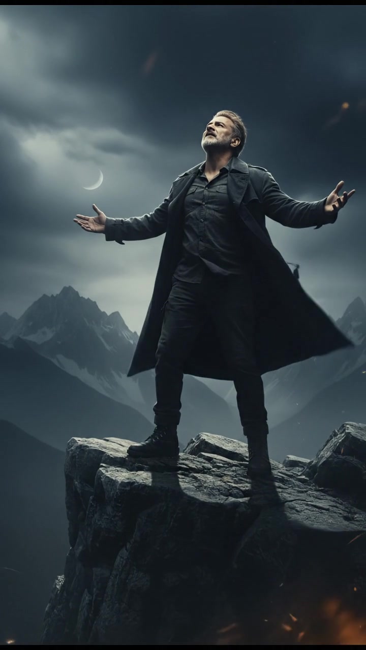 Raj standing tall atop a cliff, reciting into the wind, with a dramatic horizon in the distance.