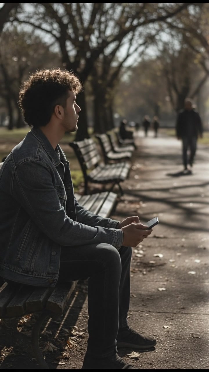 The Mateo sitting on a park bench, deep in thought, looking at his phone.