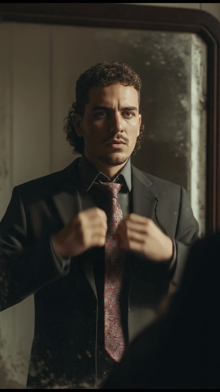 The Mateo standing in front of a mirror, adjusting his tie with a determined expression.