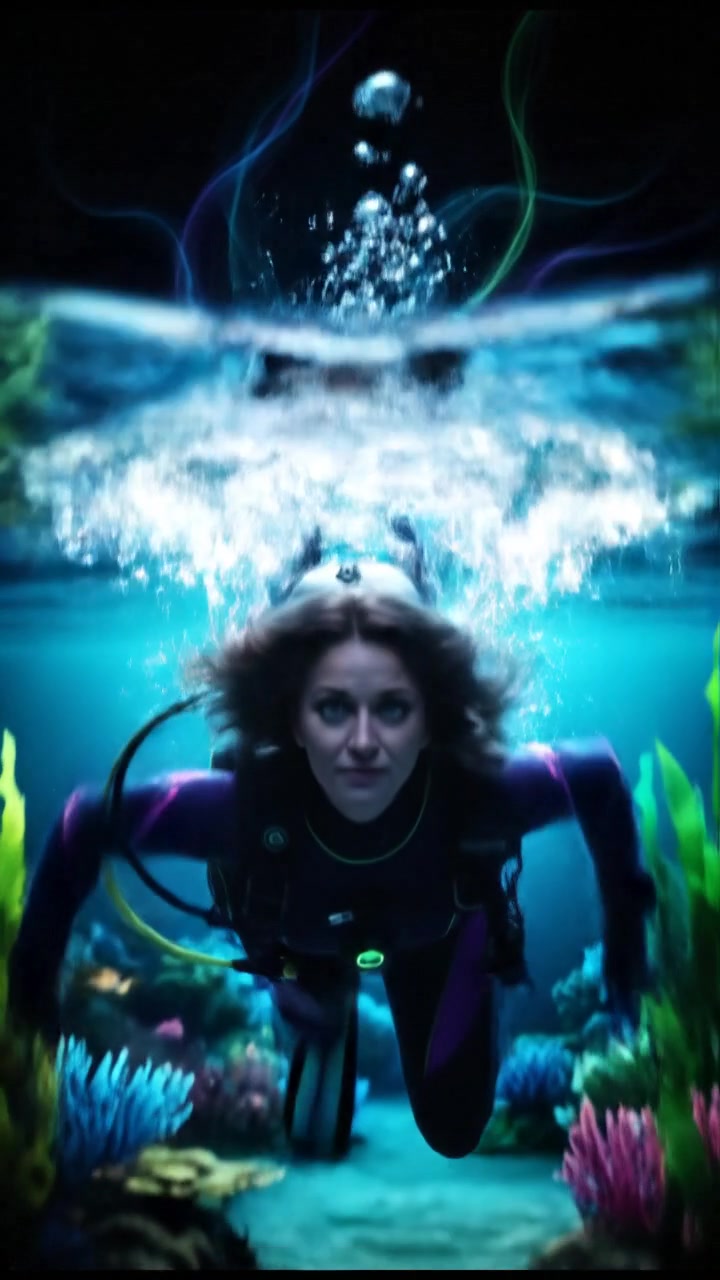 Ashley in a diving suit standing confidently, ready for the descent with her gear adjusted.