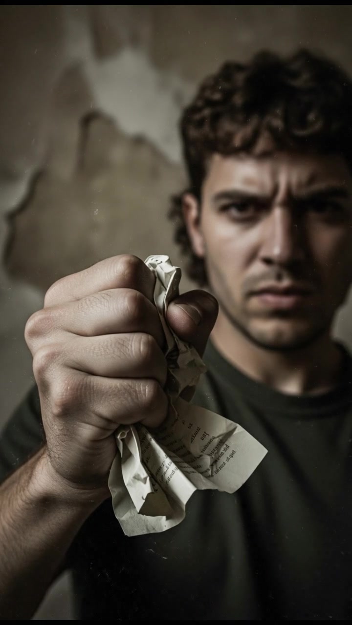 A close-up of the Mateo's hand clenching a piece of paper, his expression tense.