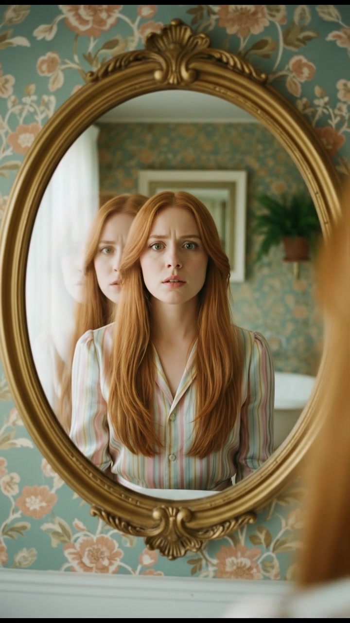 A close-up of a mirror reflecting Emma's face as she looks at it cautiously, her reflection appears to flicker.