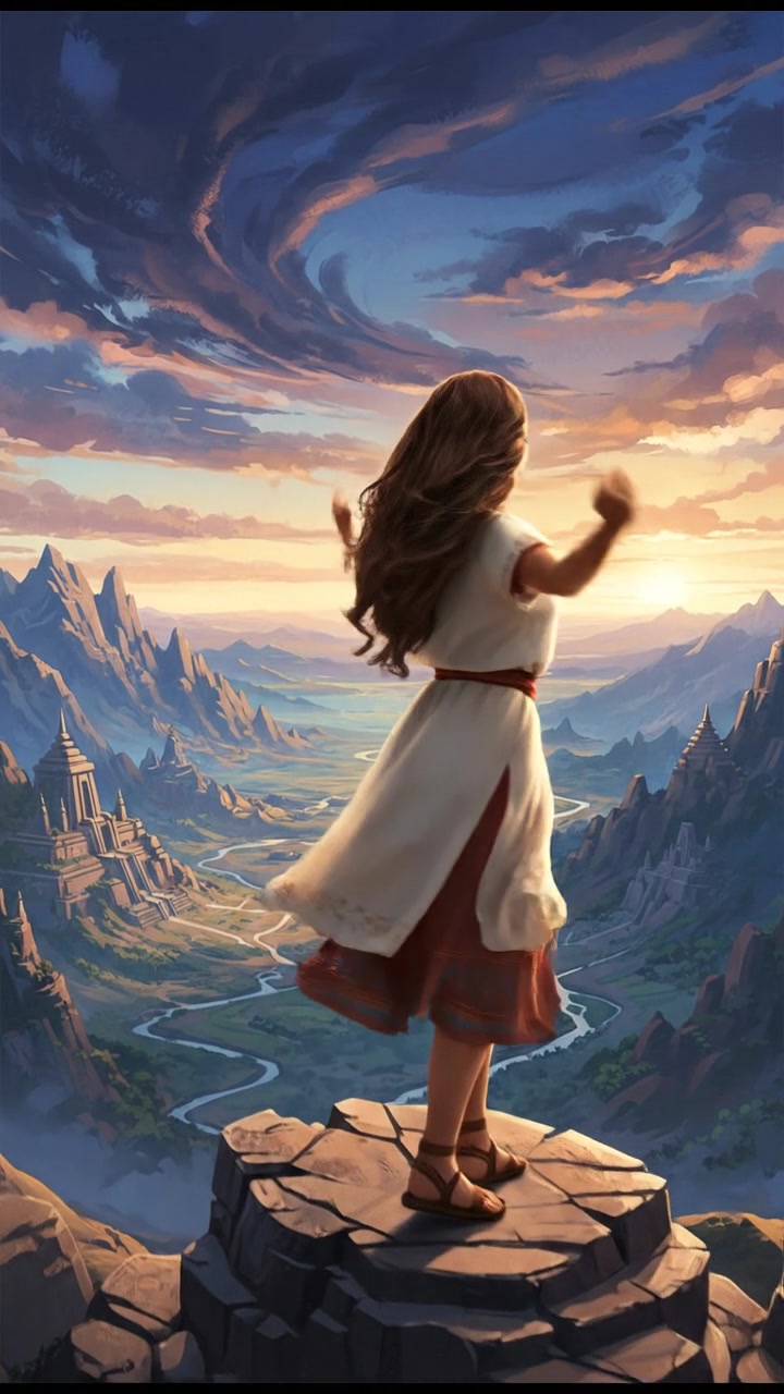 The Maya standing on a hilltop with arms outstretched, overlooking a vast landscape of mountains and sky.