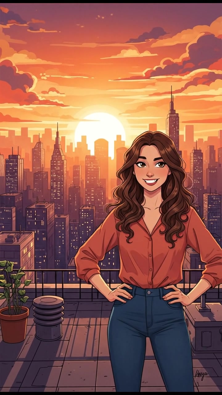 The Maya looking confidently at a city skyline from a rooftop, against a sunset background.