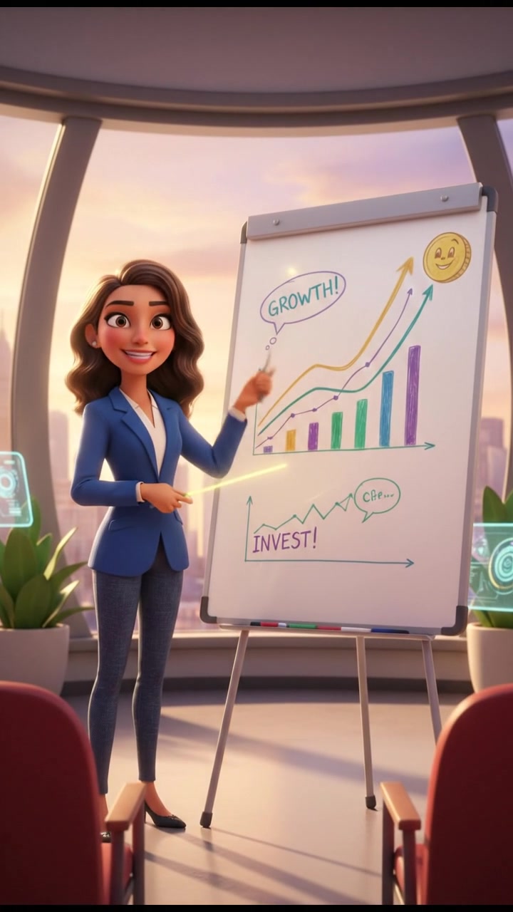 Laila, standing next to a whiteboard with financial charts, explaining concepts to an unseen audience.