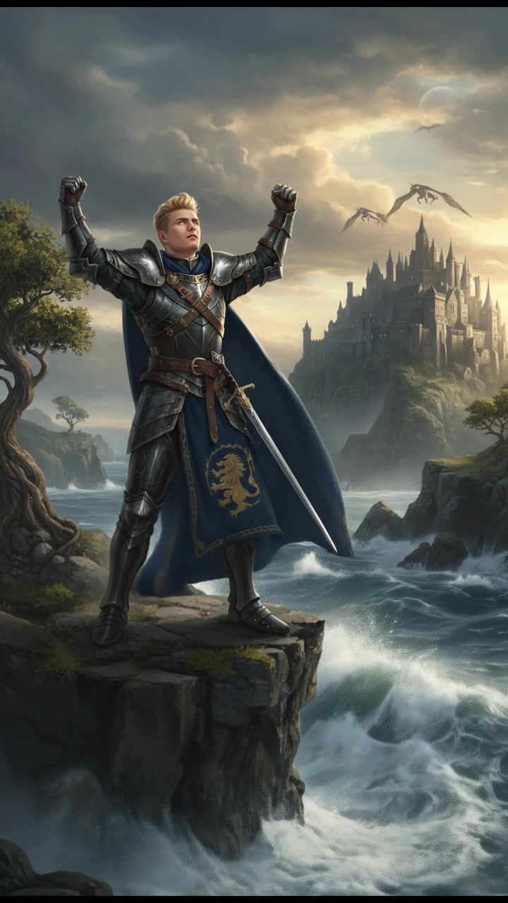 Ryan standing on a rocky cliff at the edge of the ocean, arms raised confidently, with waves crashing below.