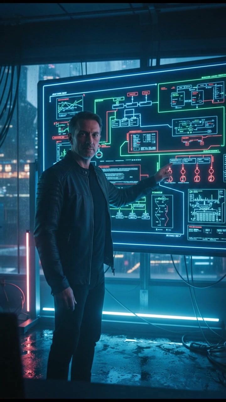 Omar standing confidently in front of a whiteboard filled with project plans and diagrams, actively pointing at it.