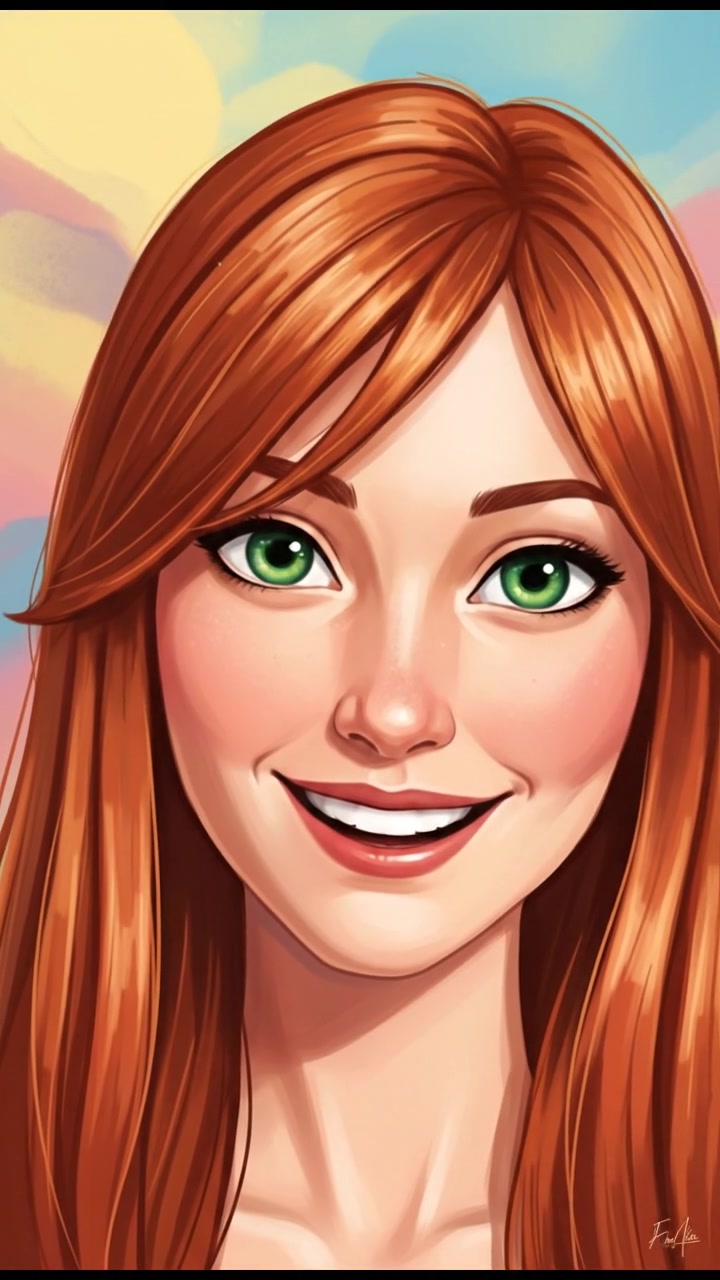 A close-up of Emma's face, her green eyes shining with love as she smiles.