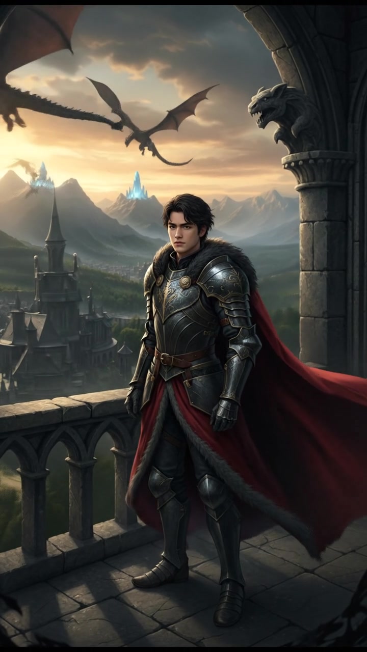 Ken standing on a balcony overlooking a vast kingdom, his cloak billowing in the wind.