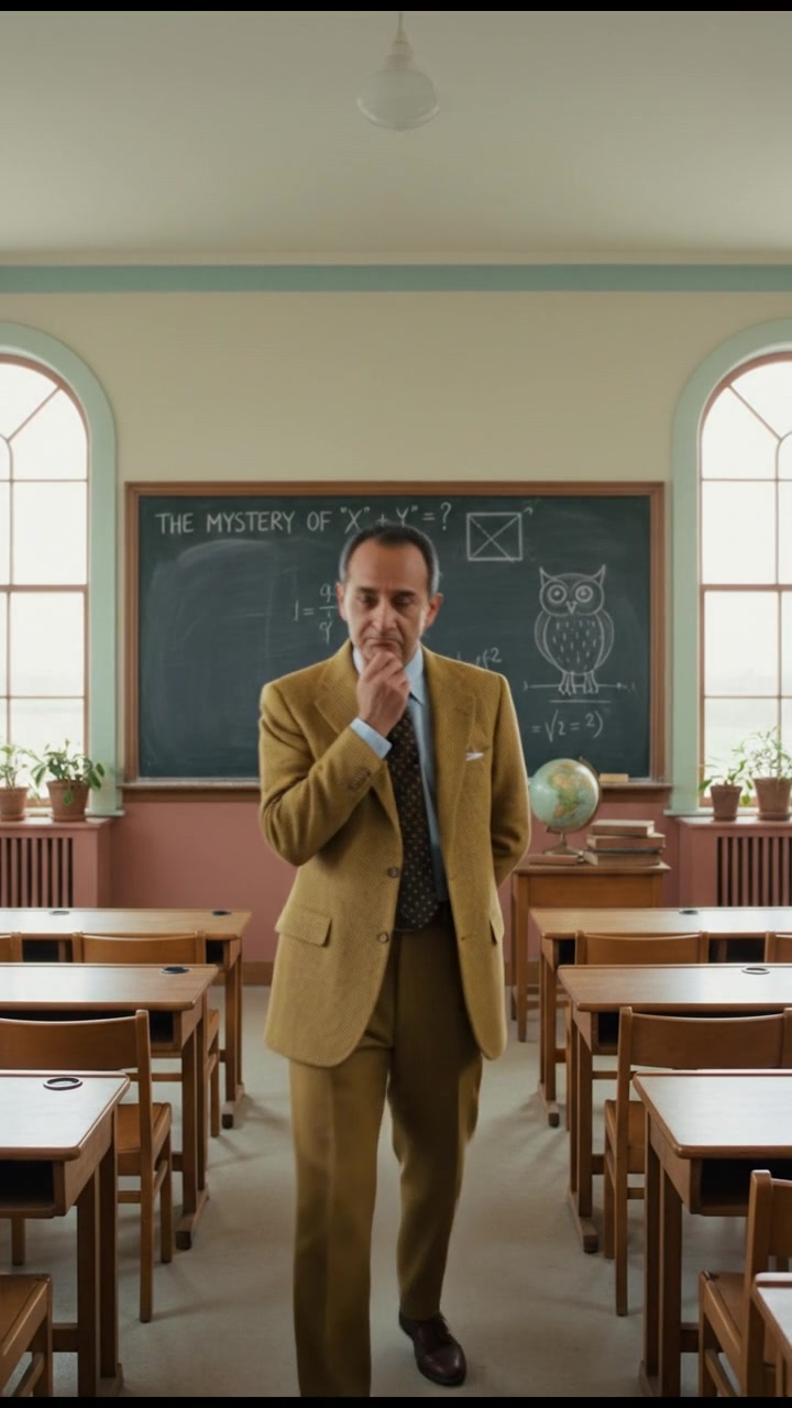 Hiro standing in front of a classroom blackboard, looking puzzled while rubbing his chin thoughtfully.