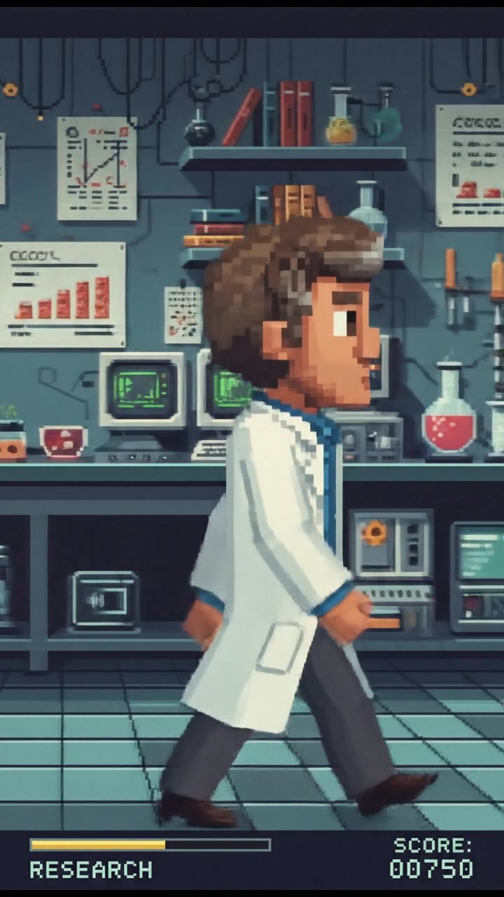 Mark standing in a laboratory filled with scientific equipment and charts.