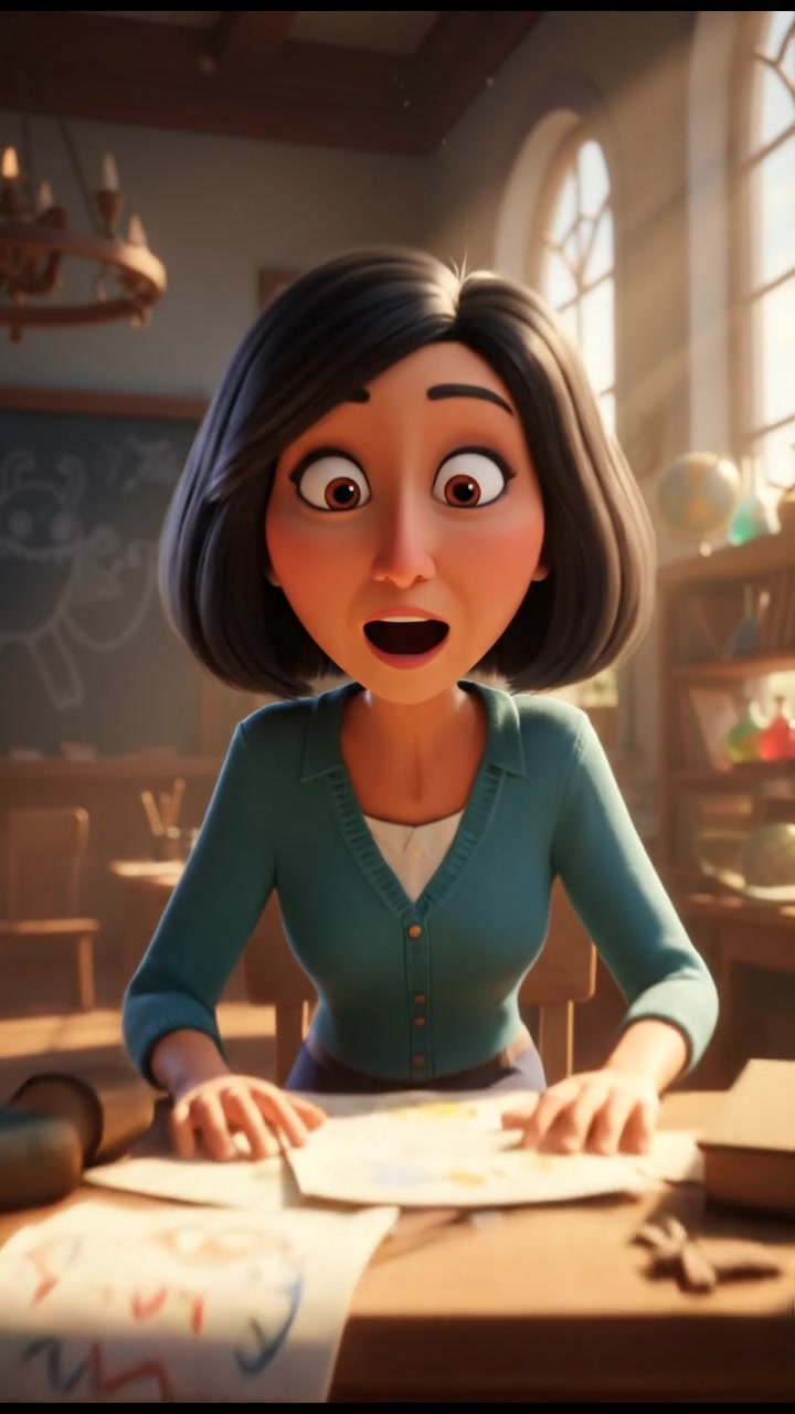 Li, sitting at a wooden desk in a classroom, looks surprised, with papers scattered around her.