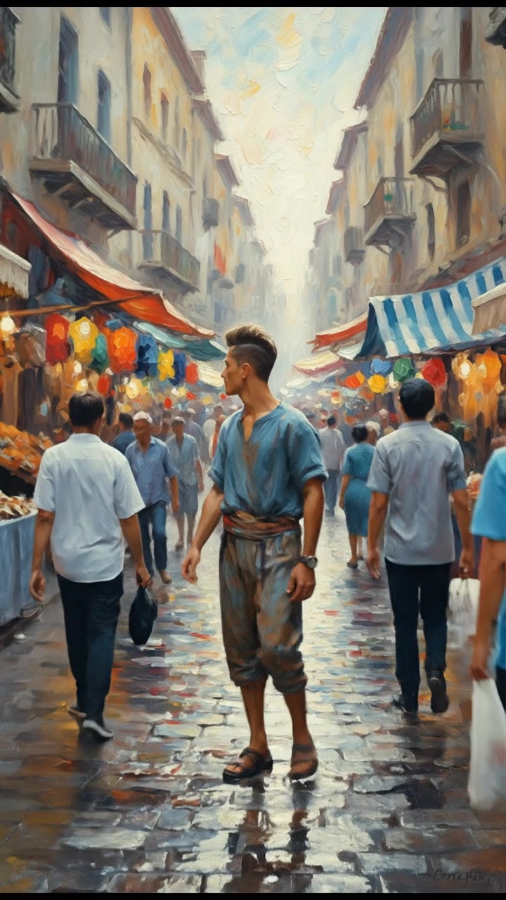 Amir stands in a bustling alleyway, surrounded by colorful street stalls and people walking by.