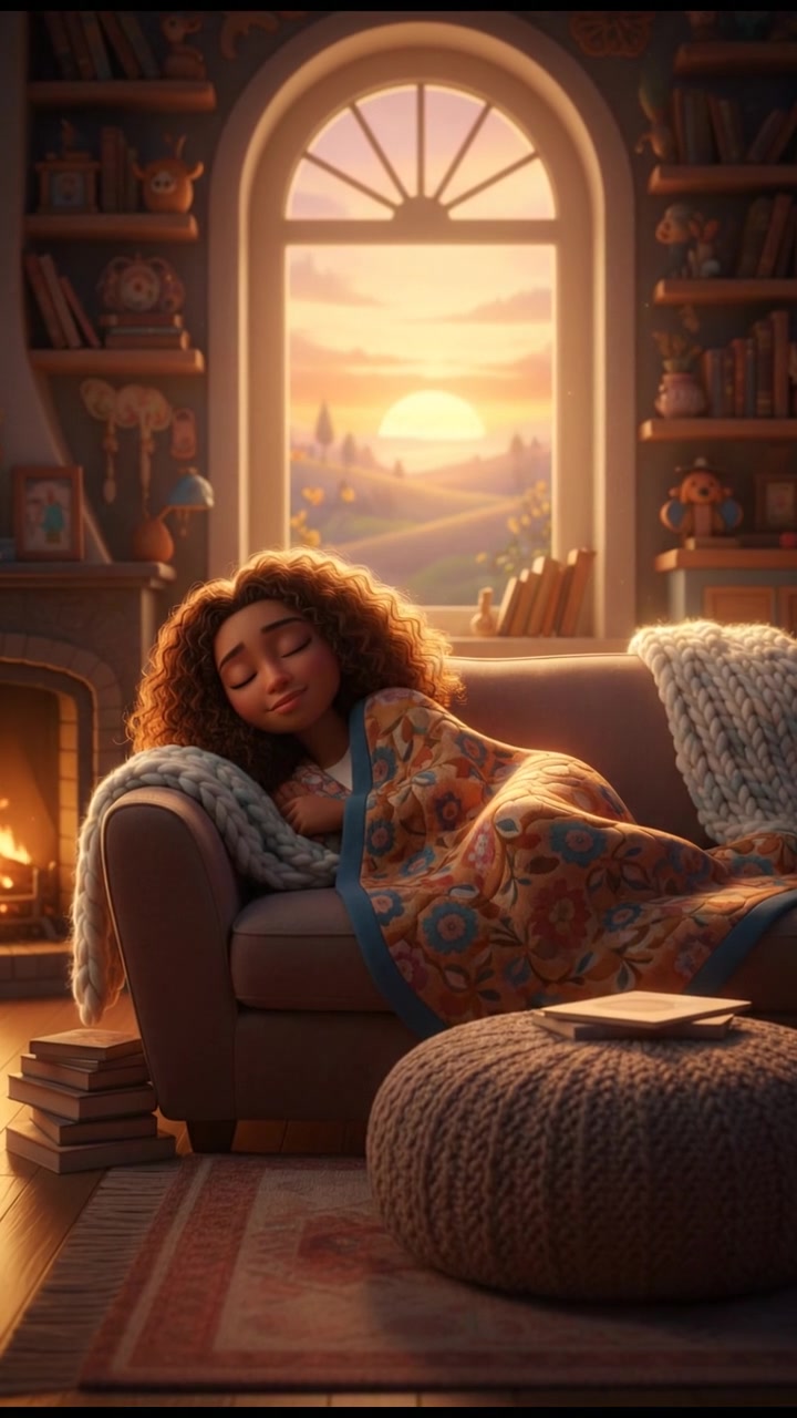 Nia lying on a couch with a blanket, eyes closed, in a cozy living room.