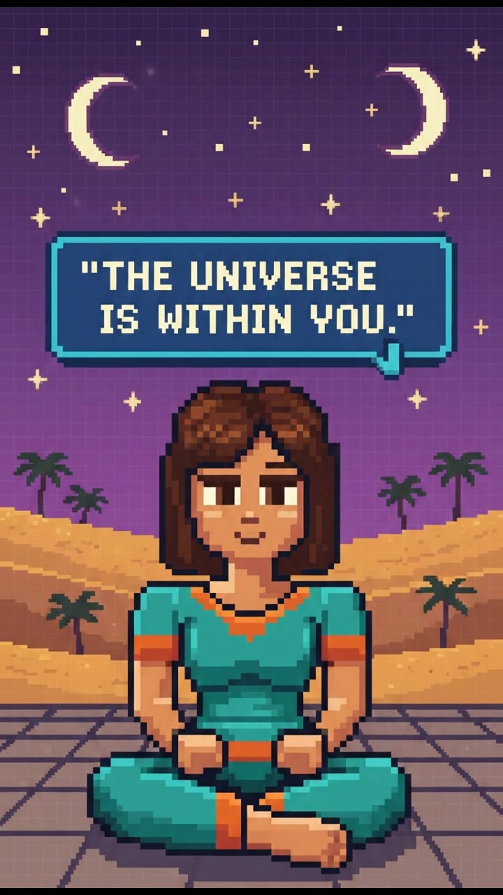 Laila recalling a wise quote, sitting cross-legged with her hands on her knees.