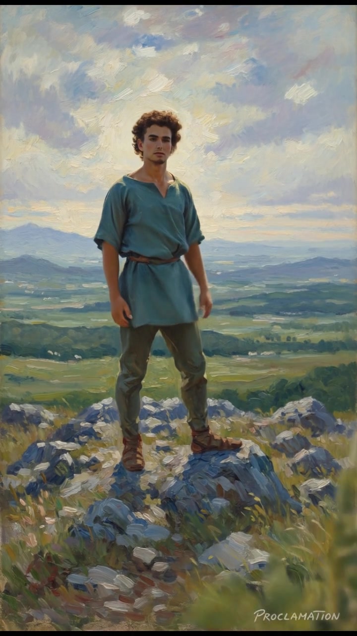 Mateo with a determined look, standing on a rocky hilltop, proclaiming with outstretched arms.