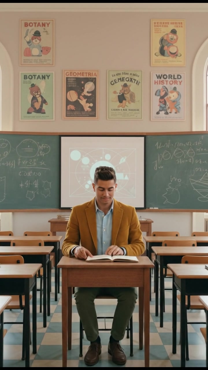 A classroom setting with desks, whiteboards, and educational posters. The Amir sitting at a desk, reading a book.