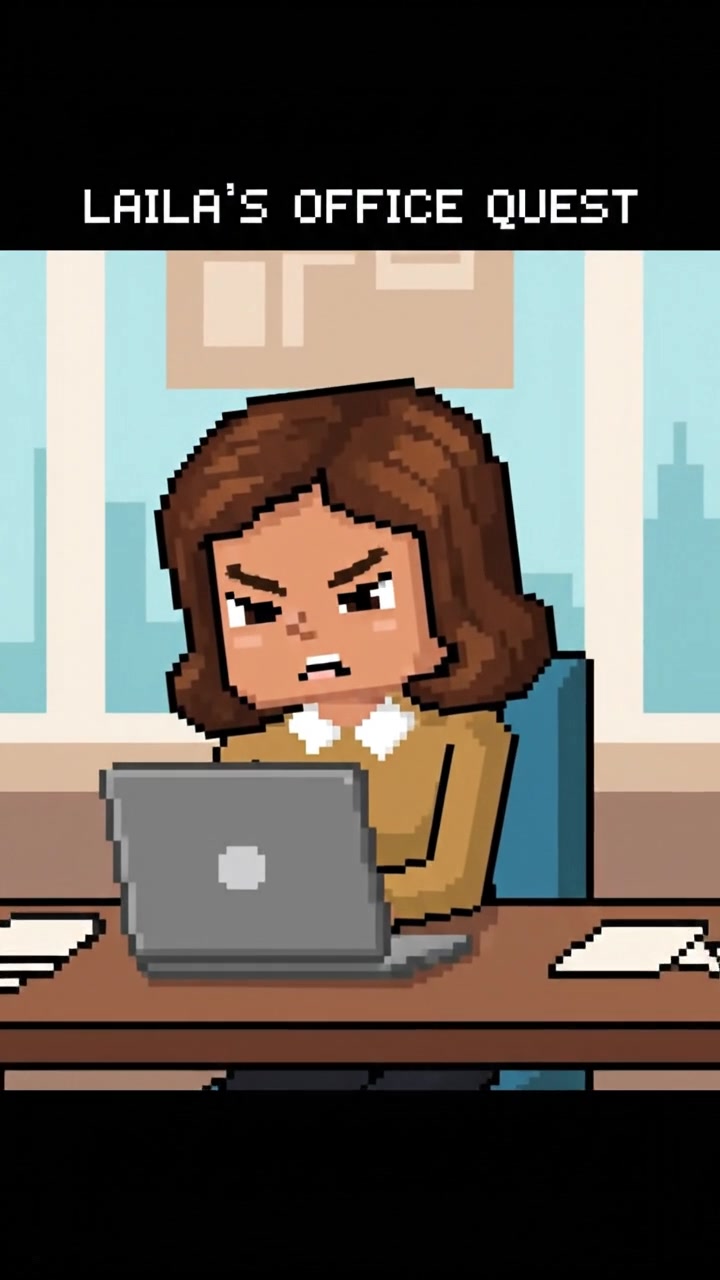 Laila sitting at a desk in a modern office, surrounded by scattered papers and a laptop, deep in thought.