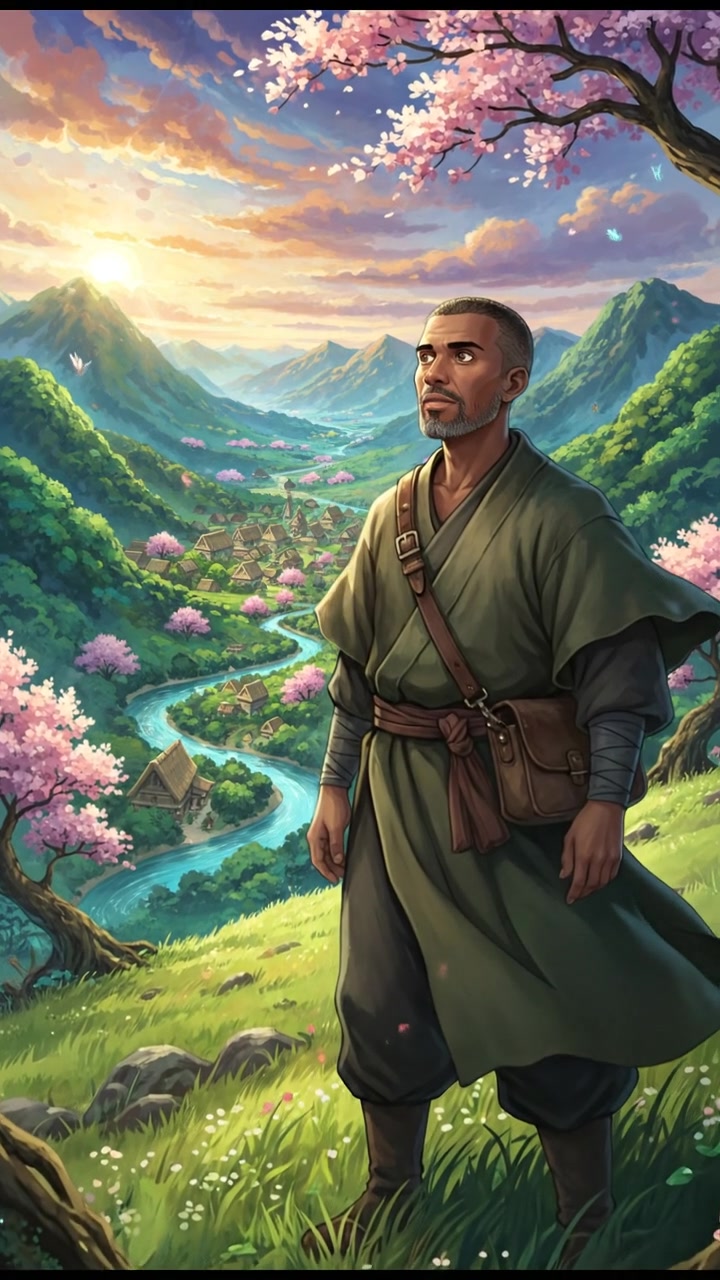 Kwame stands on a hillside, looking out at a distant village surrounded by lush greenery.