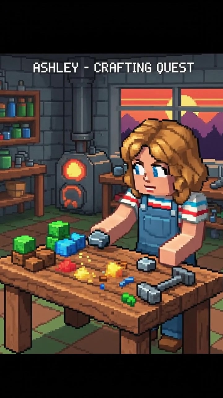 Ashley, determined, stands next to an open crafting table with crafting materials scattered around her.