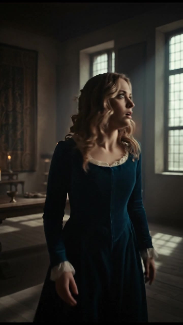 Ashley, surprised, standing in a brightly lit room, looking towards the corner.