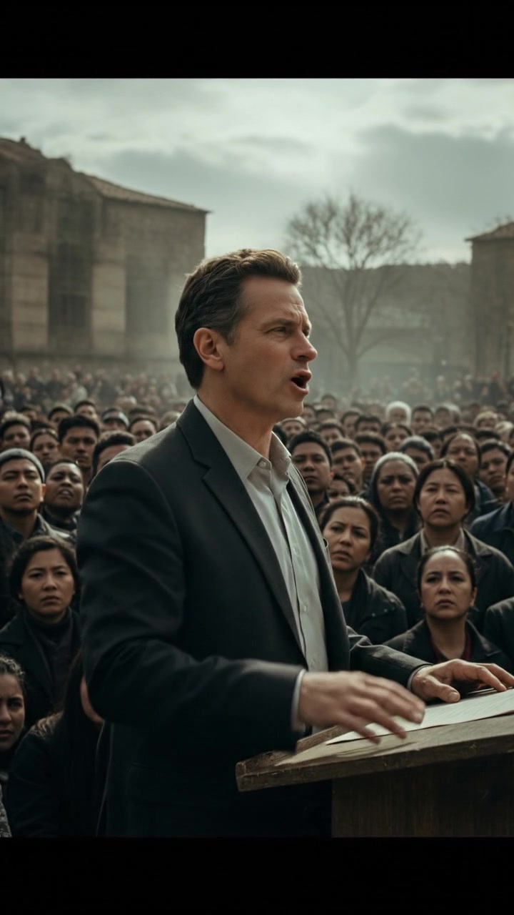 Mark standing at a podium in a large crowd, addressing a diverse audience with a sense of authority.