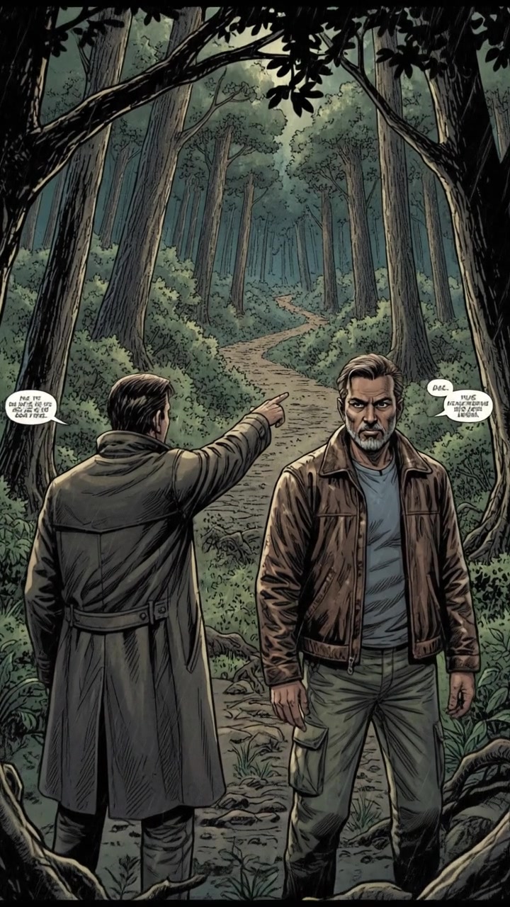 Rohit, standing next to a dense forest, points towards the path leading out, surrounded by bushes and trees.