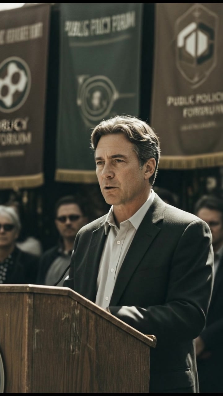 Mark standing at a podium, addressing a crowd at a public policy forum with banners in the background.
