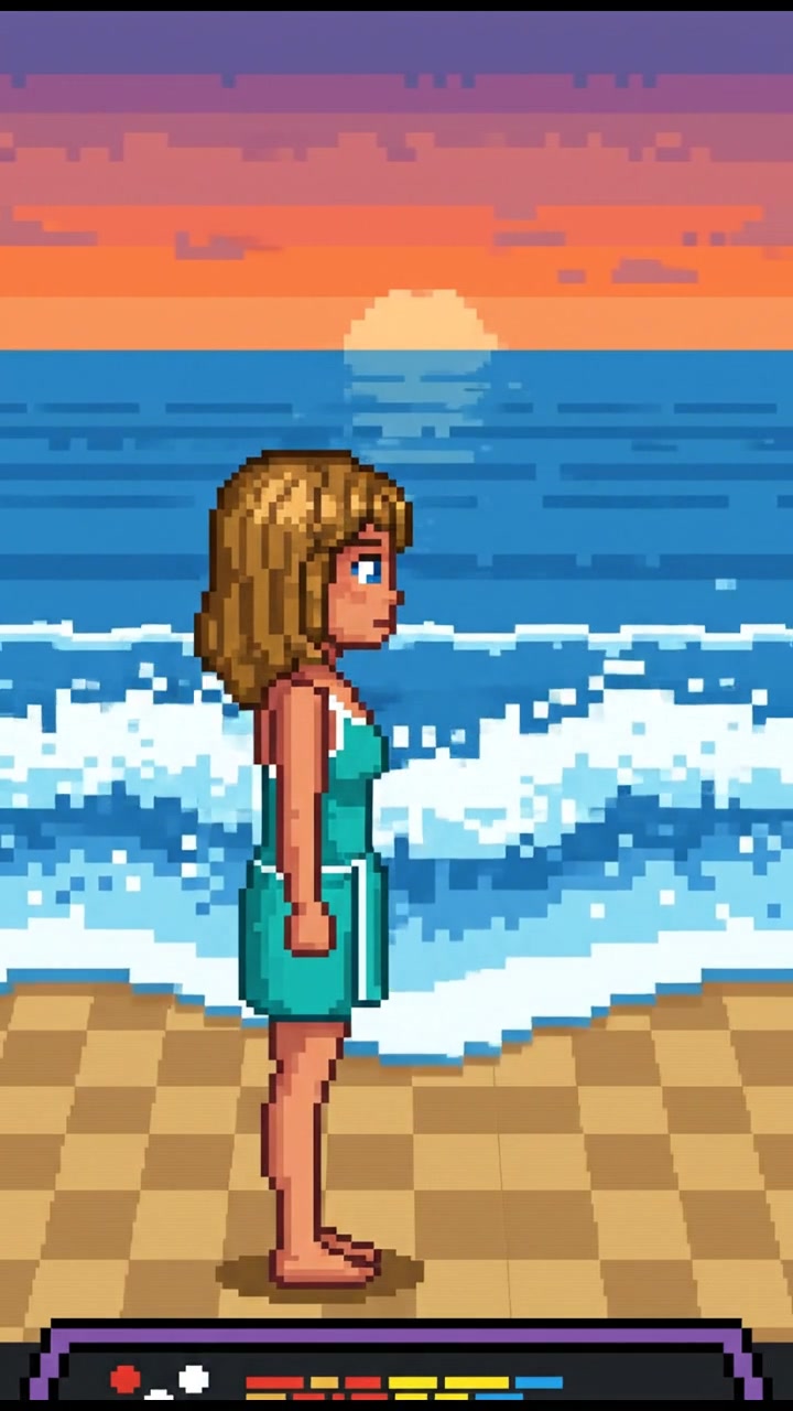 Ashley standing on the beach, looking out at the ocean with waves crashing behind her.
