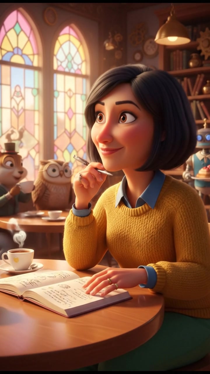 Li sitting at a cafe table, looking thoughtfully at an open notebook while holding a pen.