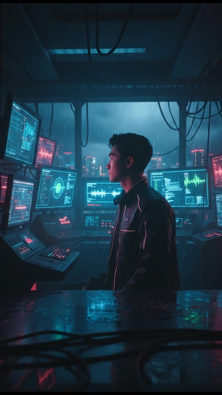 A wide shot of a dimly lit control room with monitors showing signal activity, featuring the Ken observing data.