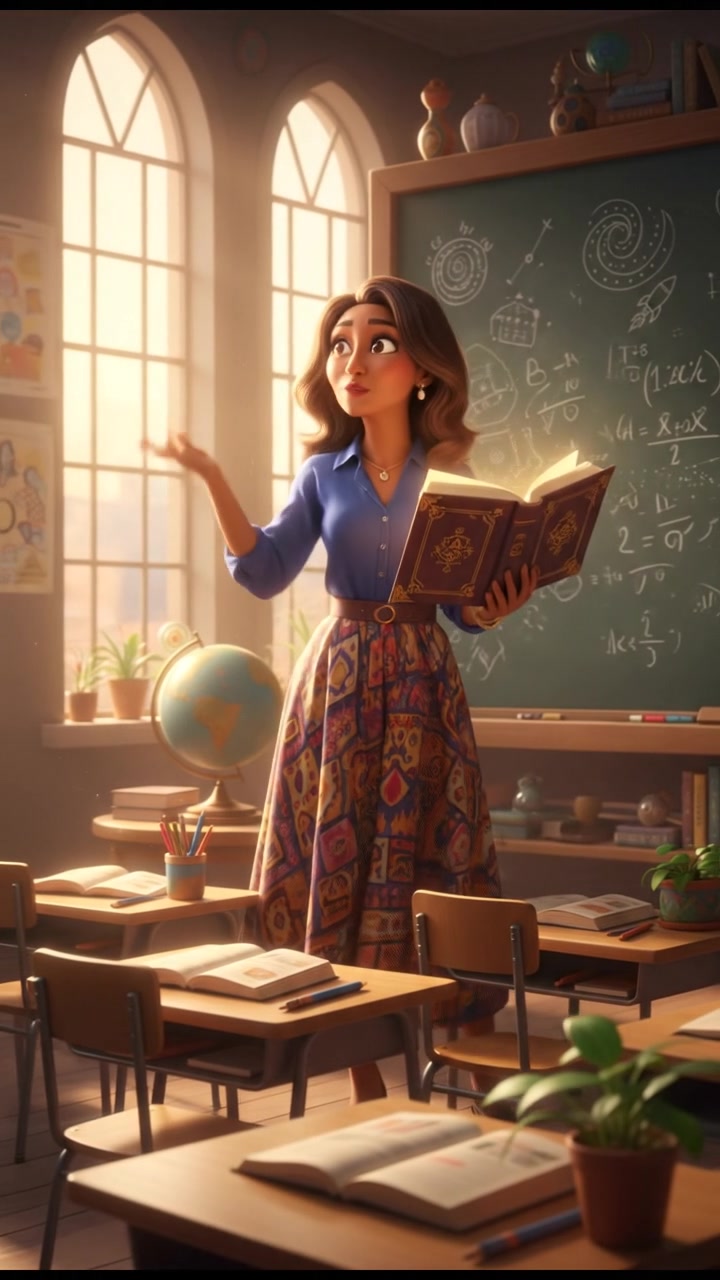 The Monique standing at a chalkboard in a bright classroom, gesturing passionately while holding a book.