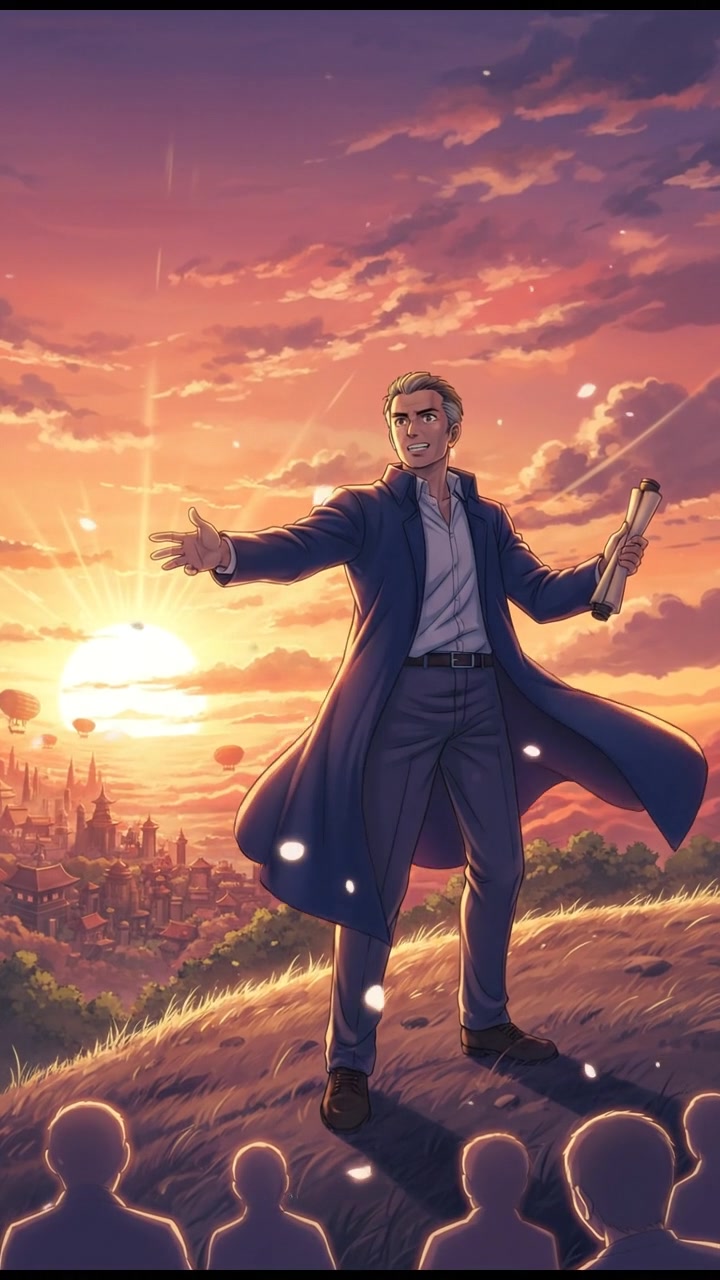Omar standing on a hilltop at sunset, gesturing with one hand while speaking to an unseen audience.