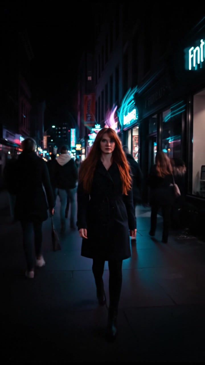 Emma walking purposefully through the crowded city street, shops and cafes lining the sidewalk.